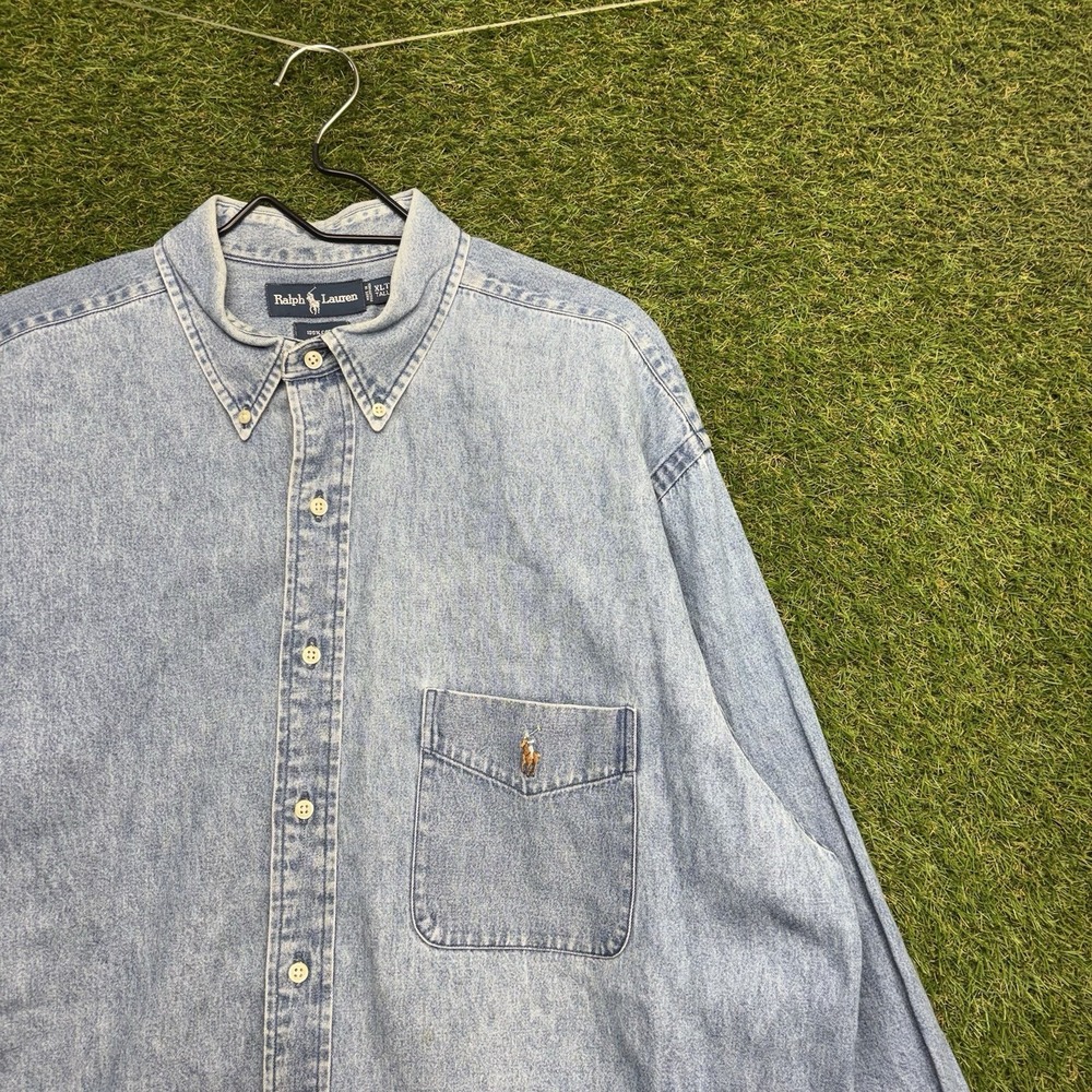 Ralph Lauren Denim Button Up Shirt Mens XLT Chambray Long Sleeve Pocket Tee